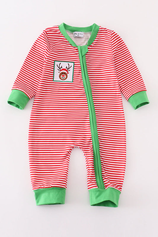 Red Stripe Christmas Reindeer Embroidery Boy Romper