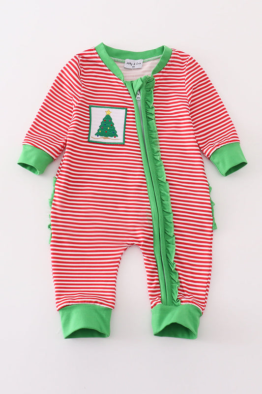 Red Stripe Christmas Tree Ruffle Girl Romper