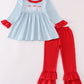 Blue Stripe Christmas Santa  Embroidery Girl Set