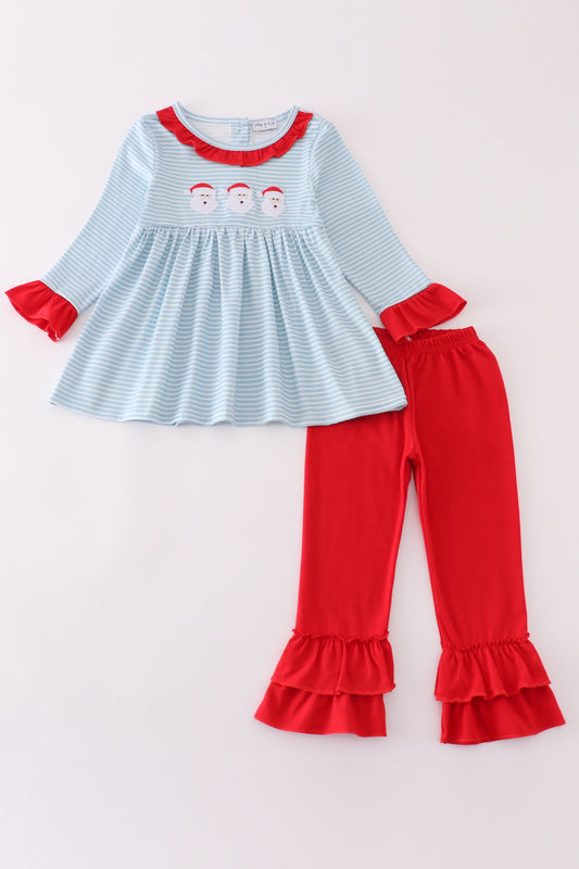 Blue Stripe Christmas Santa  Embroidery Girl Set