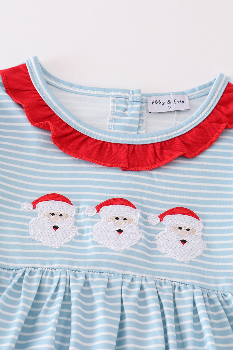 Blue Stripe Christmas Santa  Embroidery Girl Set