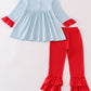 Blue Stripe Christmas Santa  Embroidery Girl Set