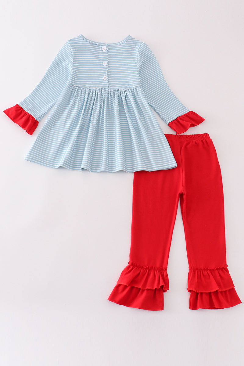 Blue Stripe Christmas Santa  Embroidery Girl Set