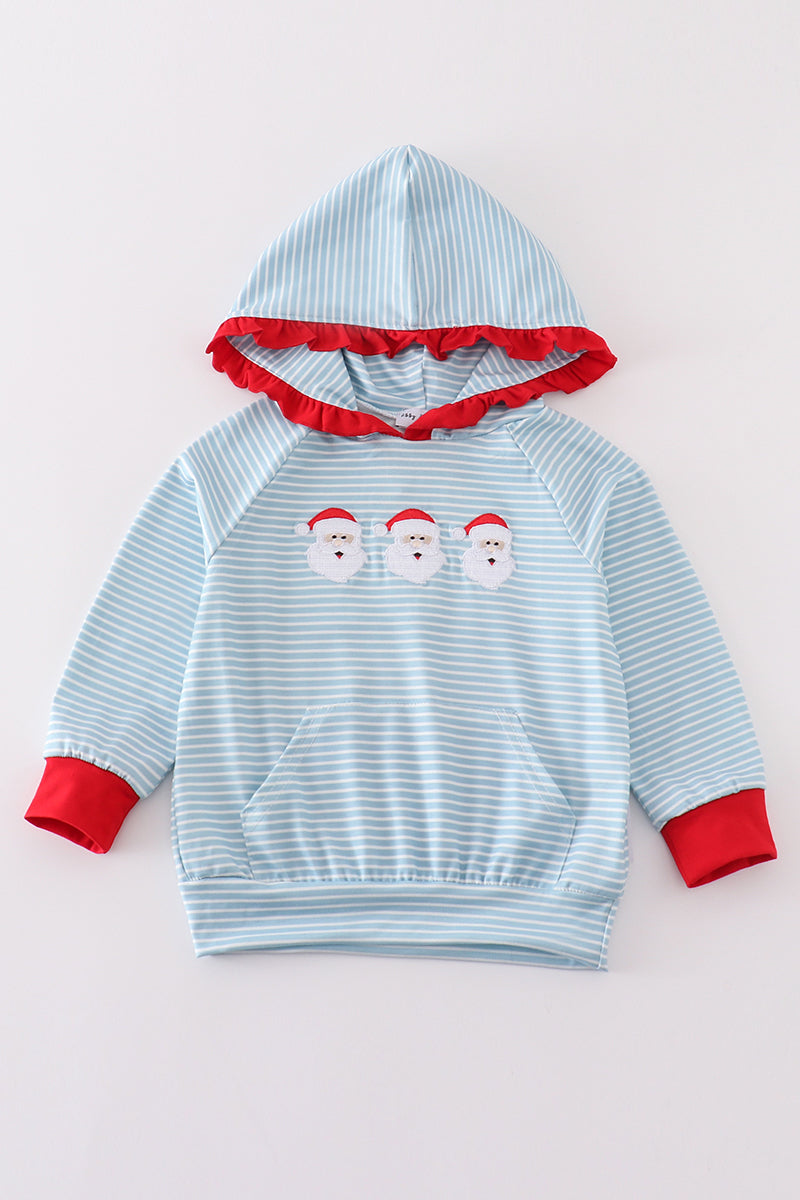 Blue Stripe Christmas Santa Ruffle Embroidery Girl Hoodie