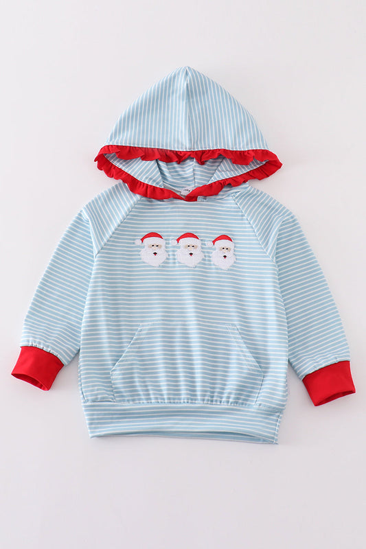 Blue Stripe Christmas Santa Ruffle Embroidery Girl Hoodie