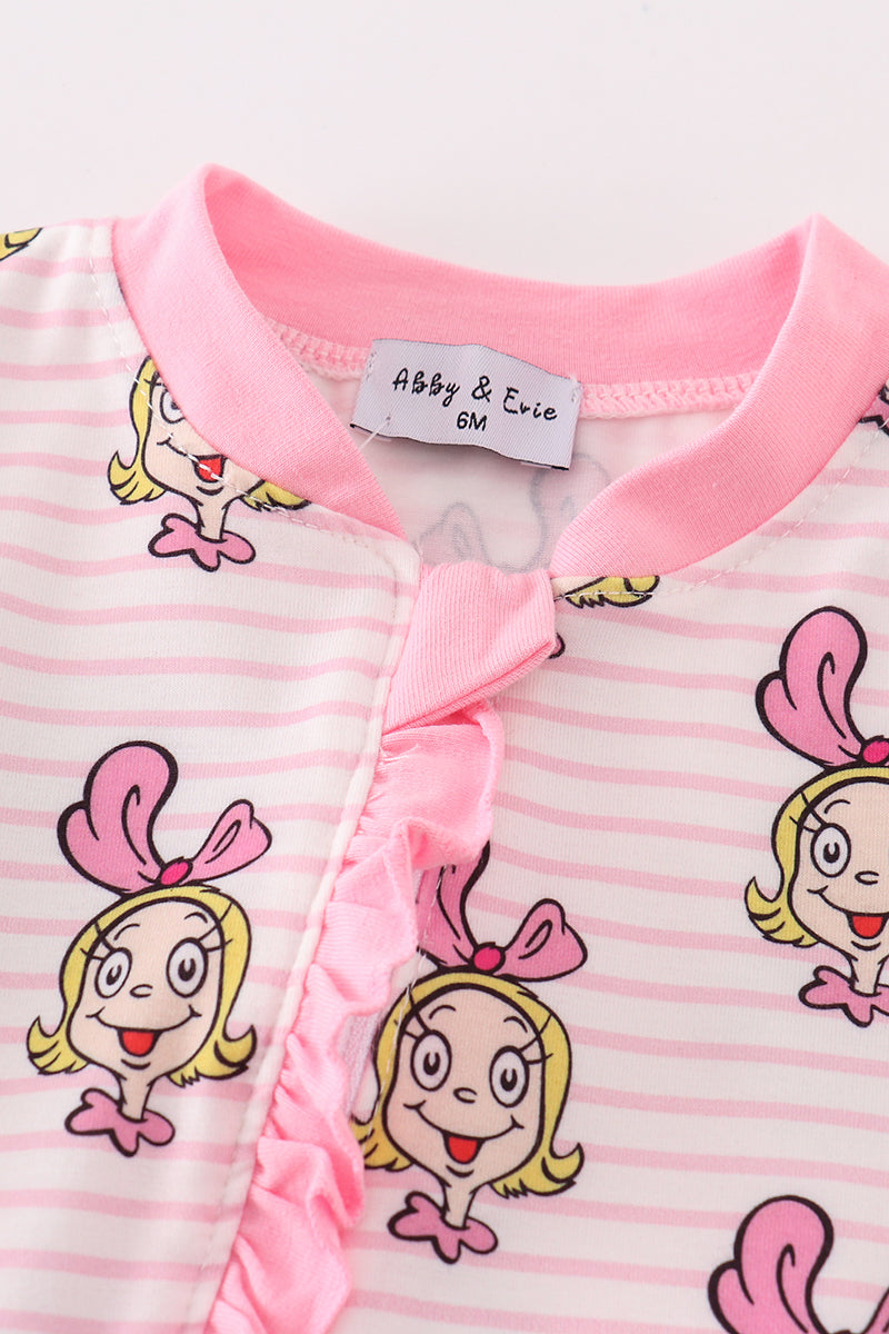 Pink Stripe Character Print Zipper Girl Romper