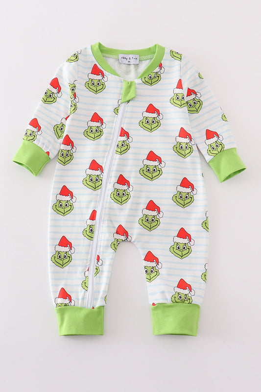 Green Stripe Christmas Grinch Zipper Boy Romper