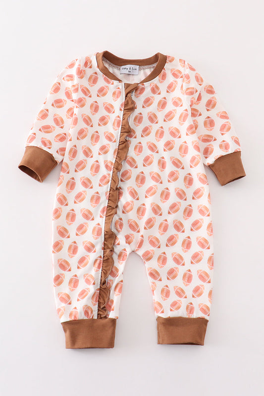 Brown Football Game Day Embroidery Girl Romper