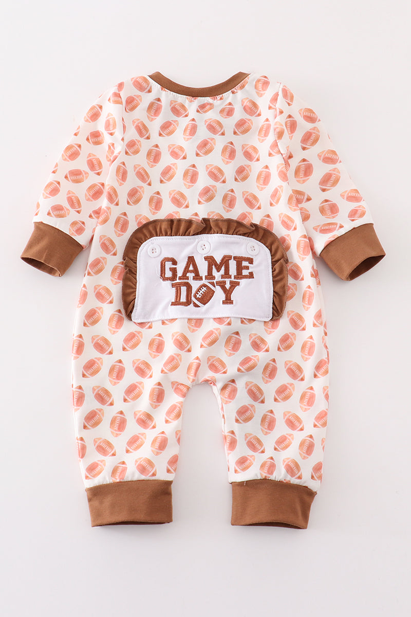 Brown Football Game Day Embroidery Girl Romper