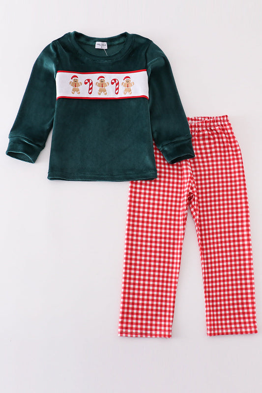 Forest Gingerbread Velvet Embroidery Boy Pants Set