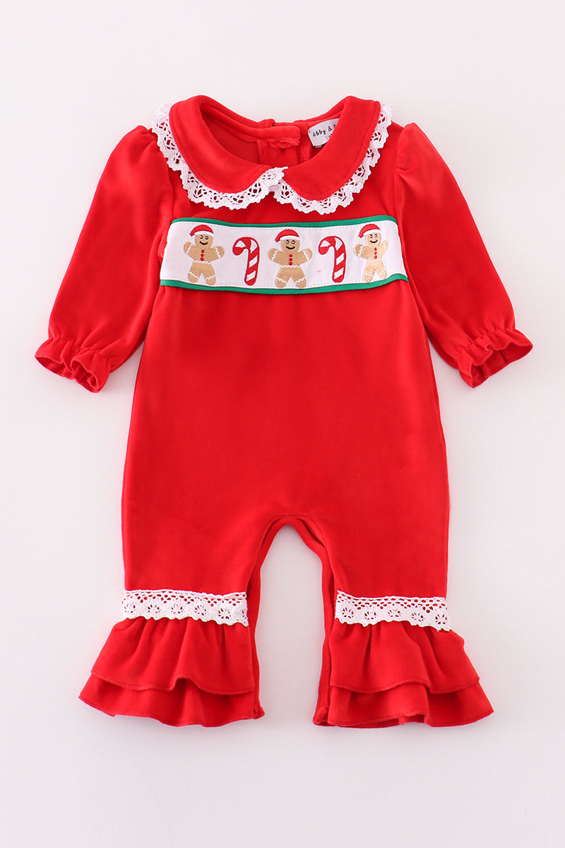 Red Velvet Christmas Gingerbread Embroidery Girl Ruffle Romper