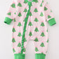 Green Christmas Tree Print Ruffle Zip Romper