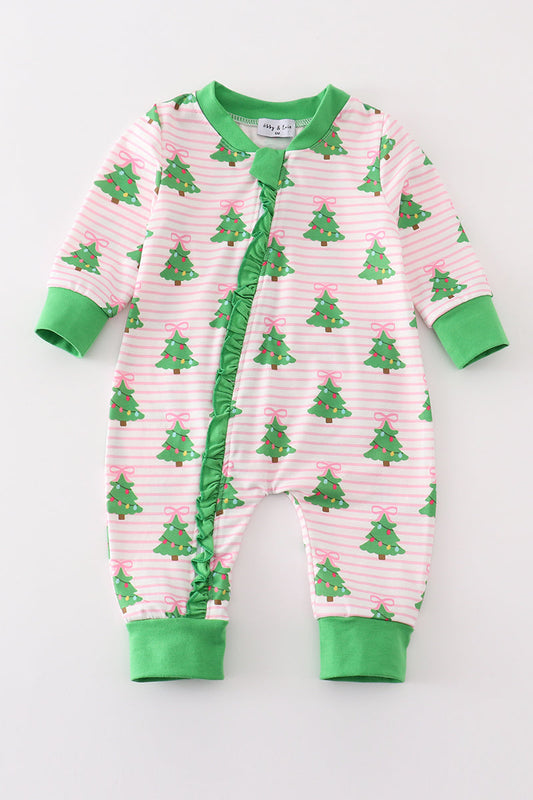 Green Christmas Tree Print Ruffle Zip Romper