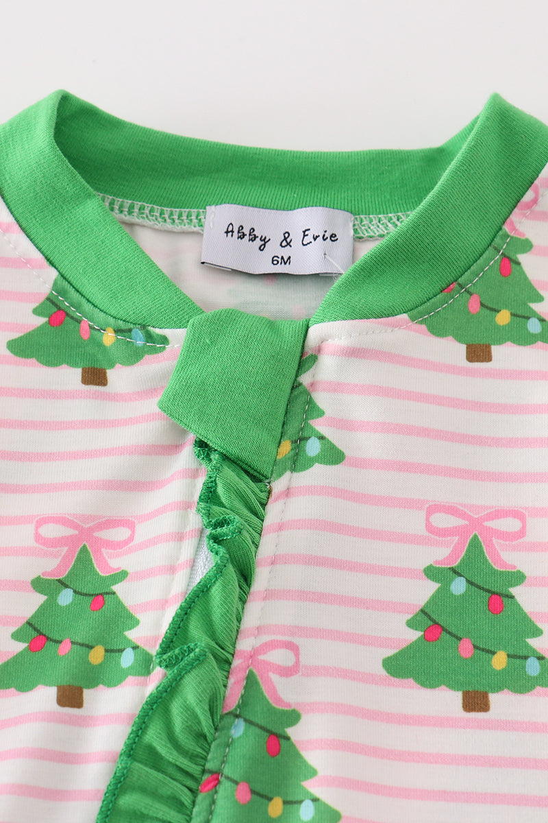 Green Christmas Tree Print Ruffle Zip Romper