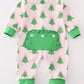 Green Christmas Tree Print Ruffle Zip Romper