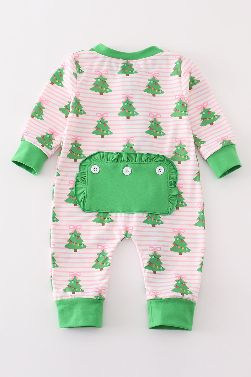 Green Christmas Tree Print Ruffle Zip Romper