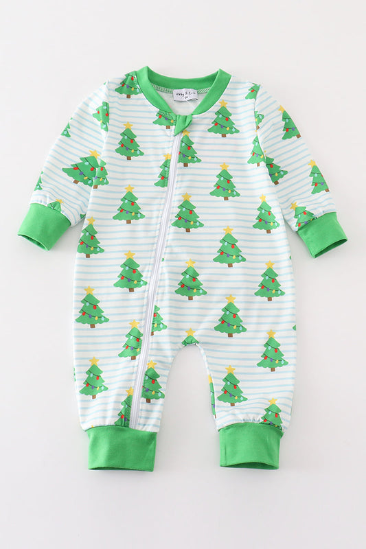 Green Christmas Tree Print Zip Romper