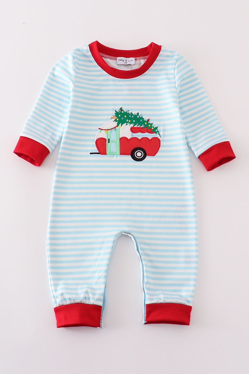 Blue Christmas Camper Van Applique Boy Romper