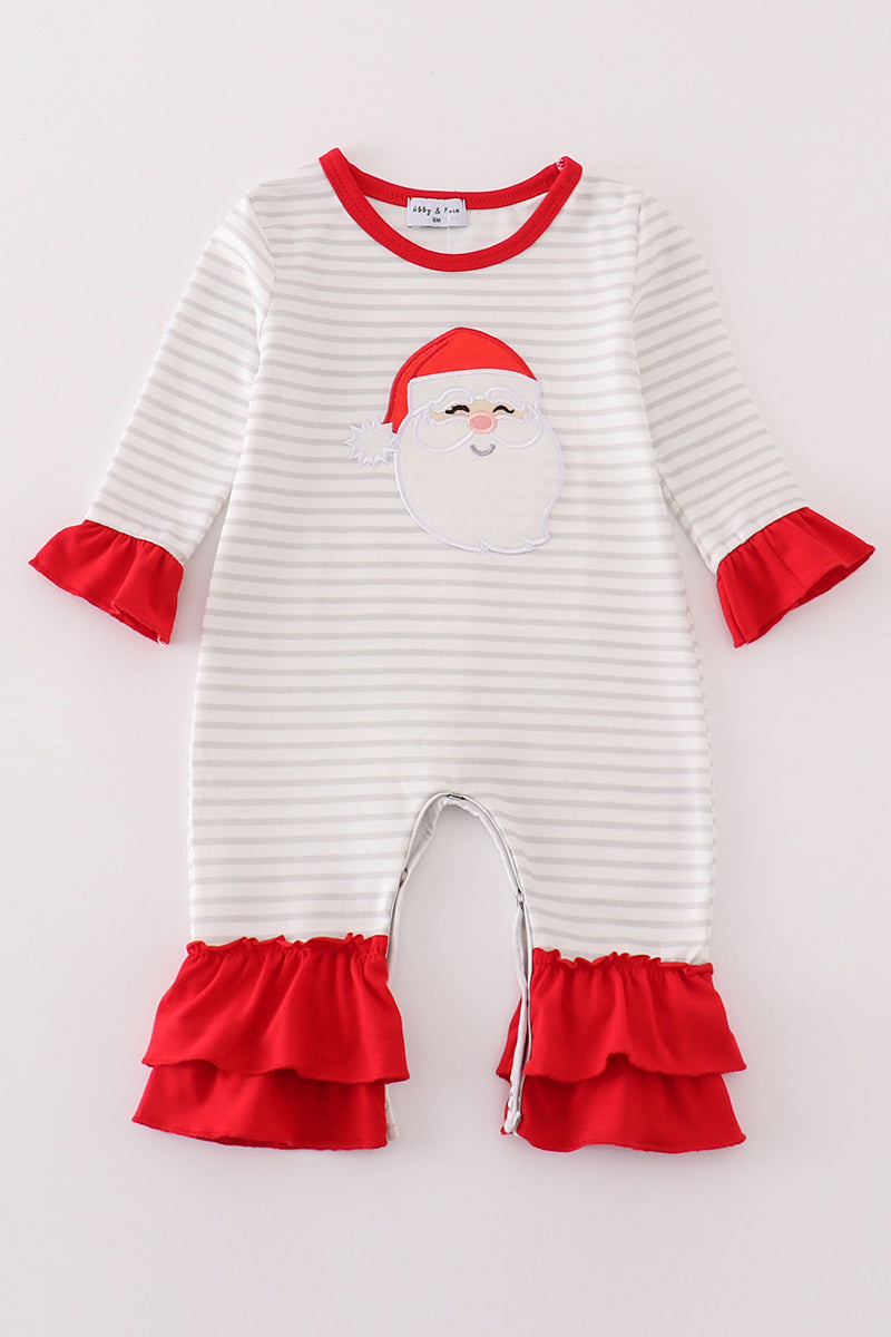 Red Christmas Santa Claus Applique Stripe Girl Romper