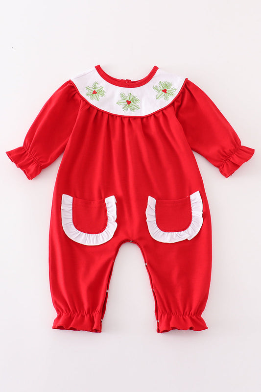 Red Christmas Holly Embroidery Girl Romper