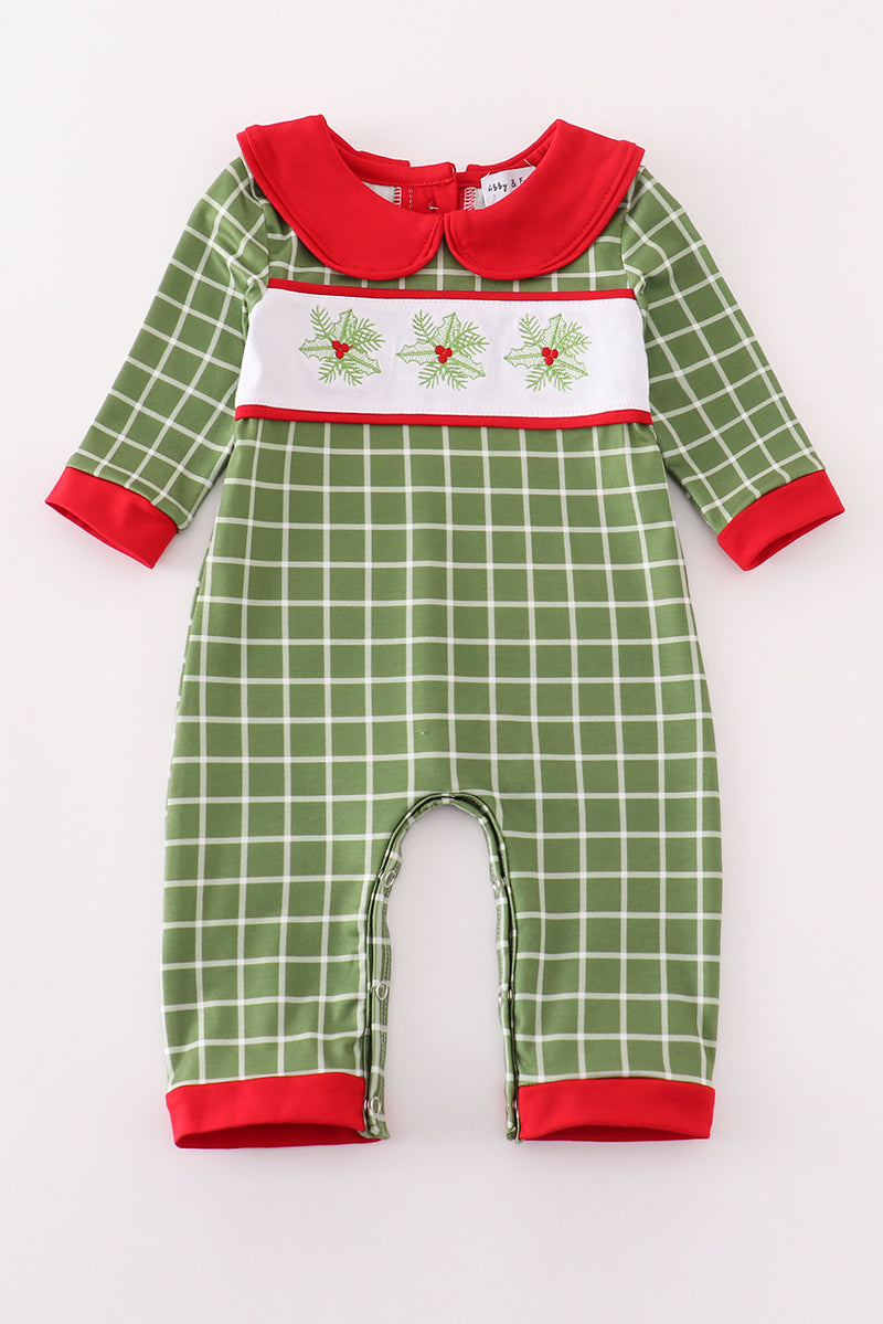 Green Christmas Holly Embroidery Boy Romper