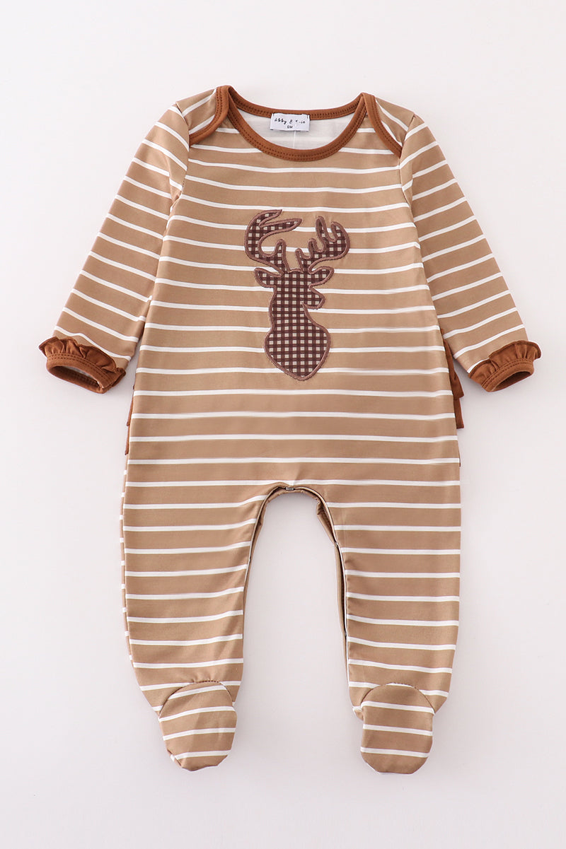 Brown Stripe Antler Applique Girl Romper