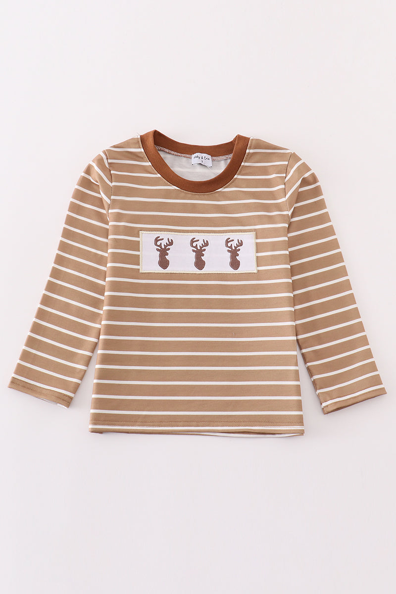 Brown Stripe Antler Embroidery Boy Top