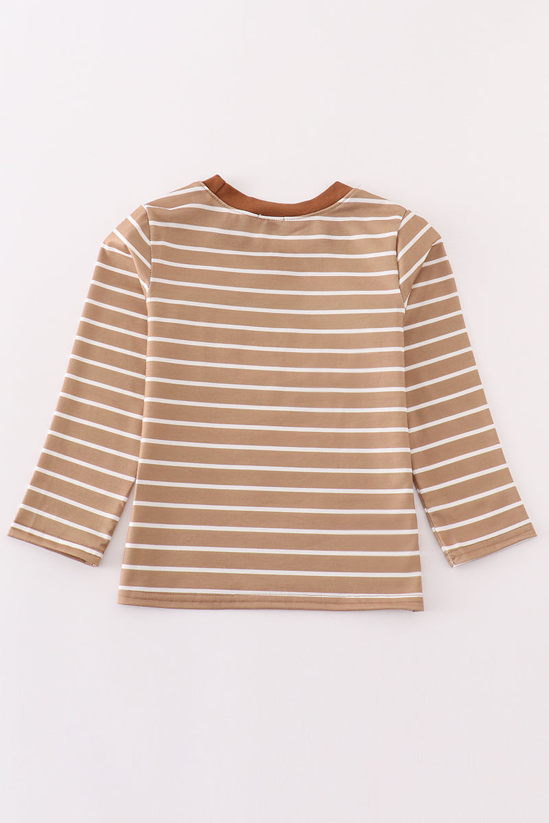 Brown Stripe Antler Embroidery Boy Top