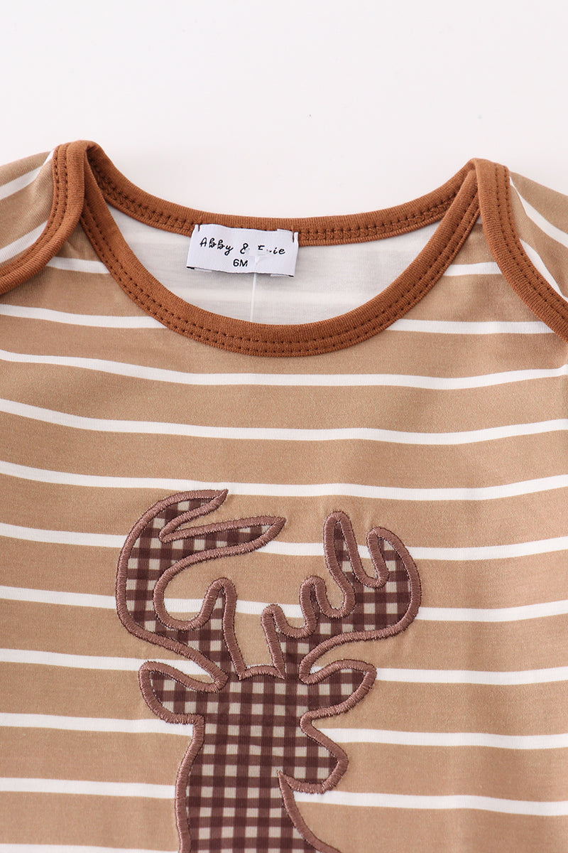 Brown Stripe Antler Embroidery Boy Top