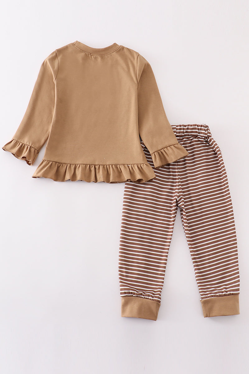 Brown Stripe Antler Embroidery Girl Set