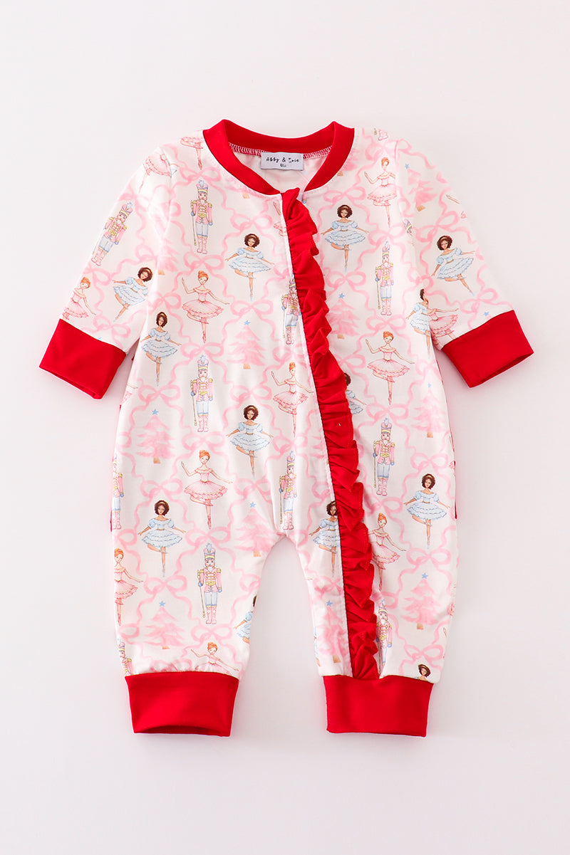 Red Nutcracker Print Ruffle Zip Girl Romper