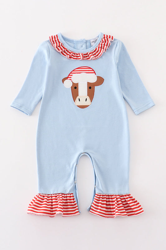 Blue Christmas Cow Applique Girl Romper