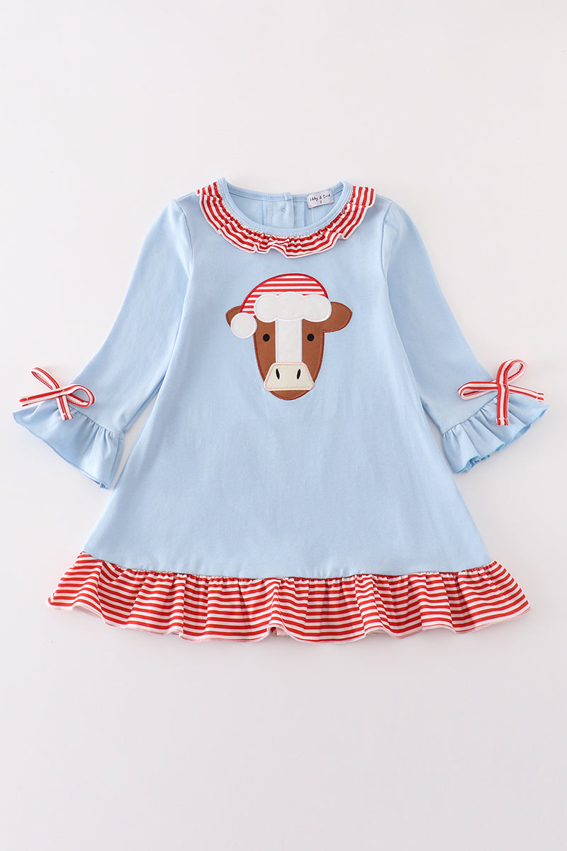 Blue Christmas Cow Applique Girl Dress