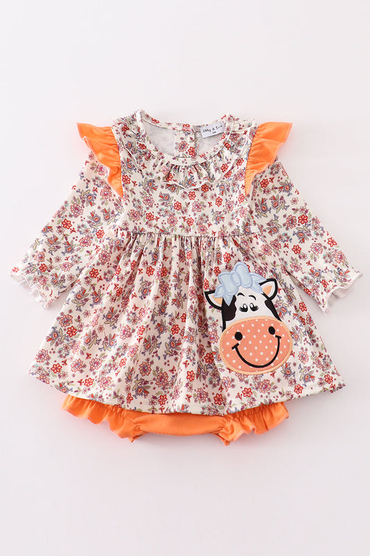 Coral Floral Cow Applique Girl Bubble