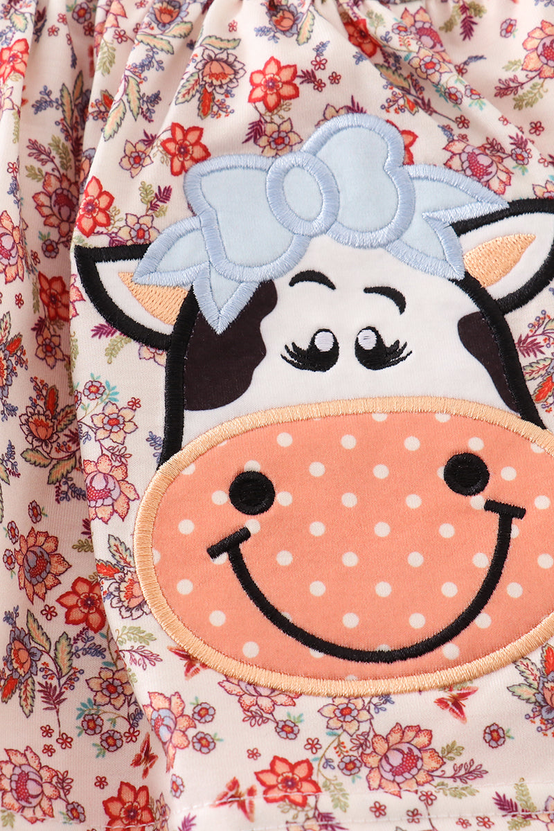 Coral Floral Cow Applique Girl Bubble