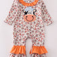 Coral Floral Cow Applique Girl Romper