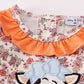 Coral Floral Cow Applique Girl Romper