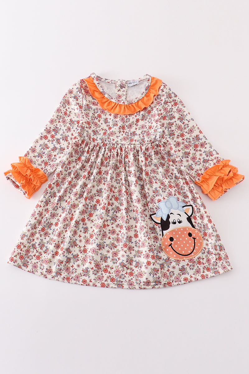 Coral Floral Cow Applique Dress