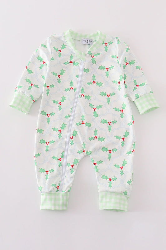 Green Christmas Holly Print Boy Romper