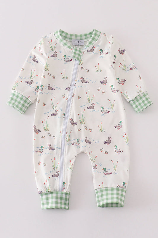 Sage Duck Print Zip Boy Romper