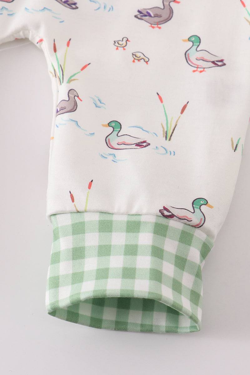 Sage Duck Print Zip Boy Romper