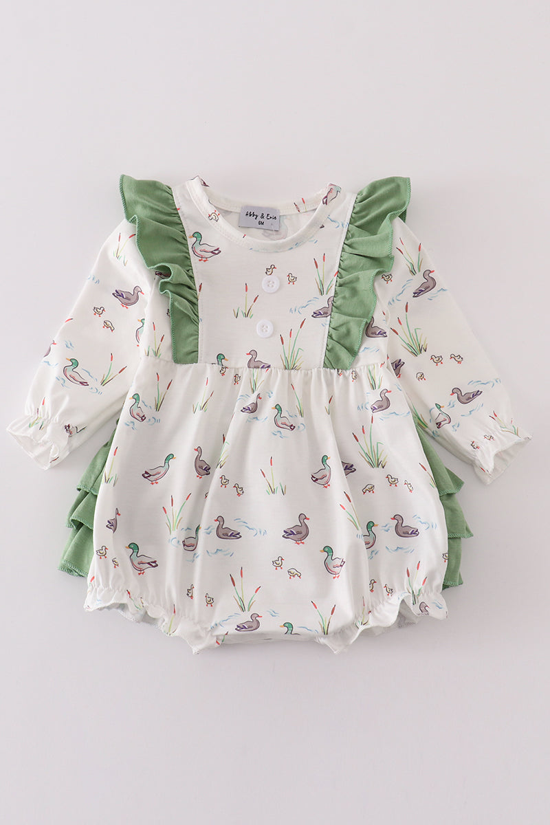 Sage Duck Print Girl Ruffle Bubble