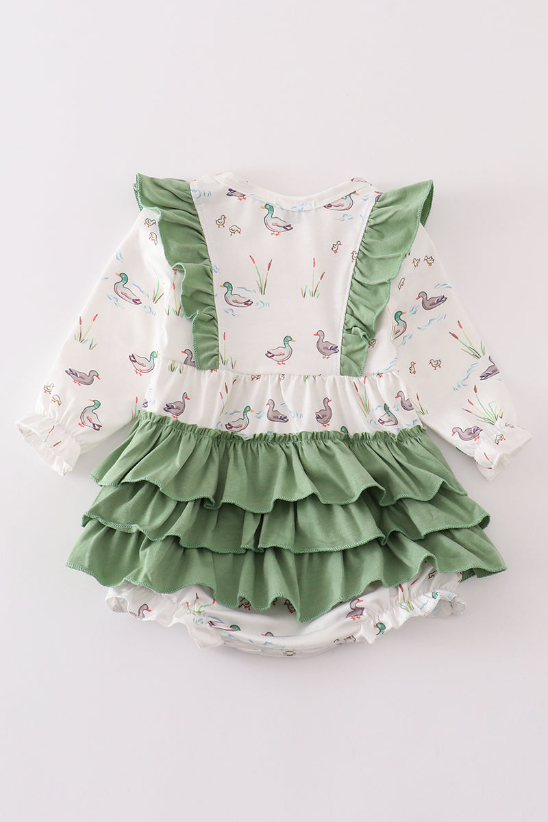 Sage Duck Print Girl Ruffle Bubble