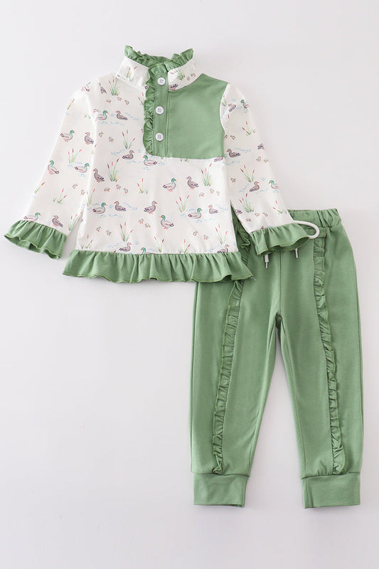 Sage Duck Print Girl Jogger Ruffle Set