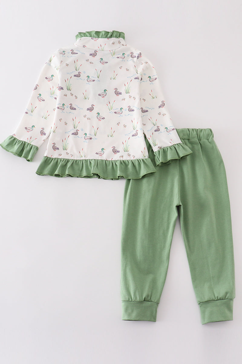 Sage Duck Print Girl Jogger Ruffle Set