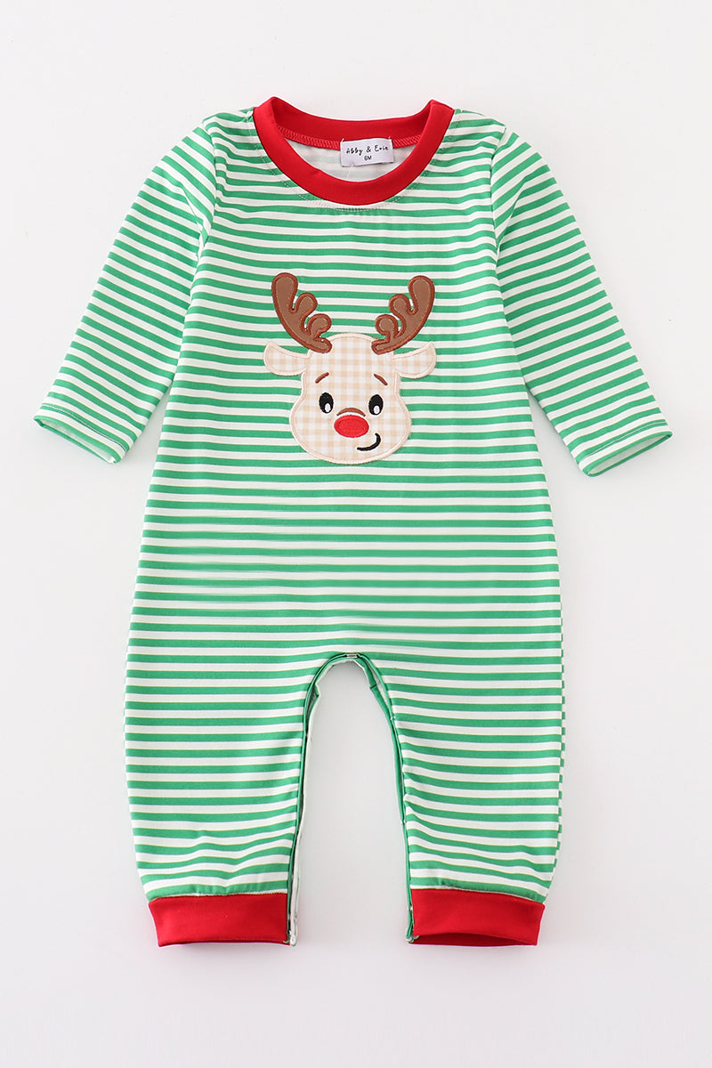 Green Stripe Christmas Deer Applique Boy Romper