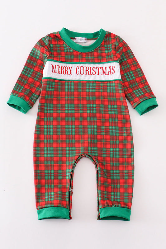 Green Merry Christmas Embroidery Boy Romper