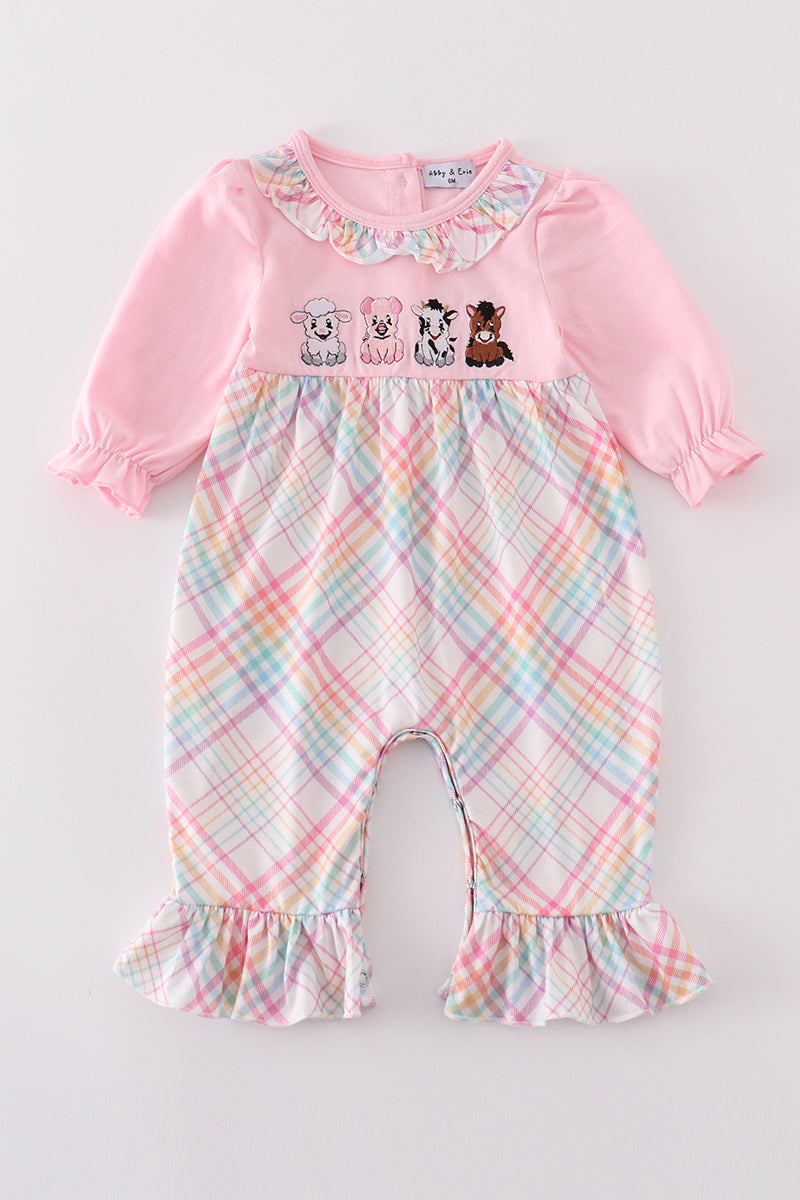 Pink Farm Animals Embroidery Girl Romper