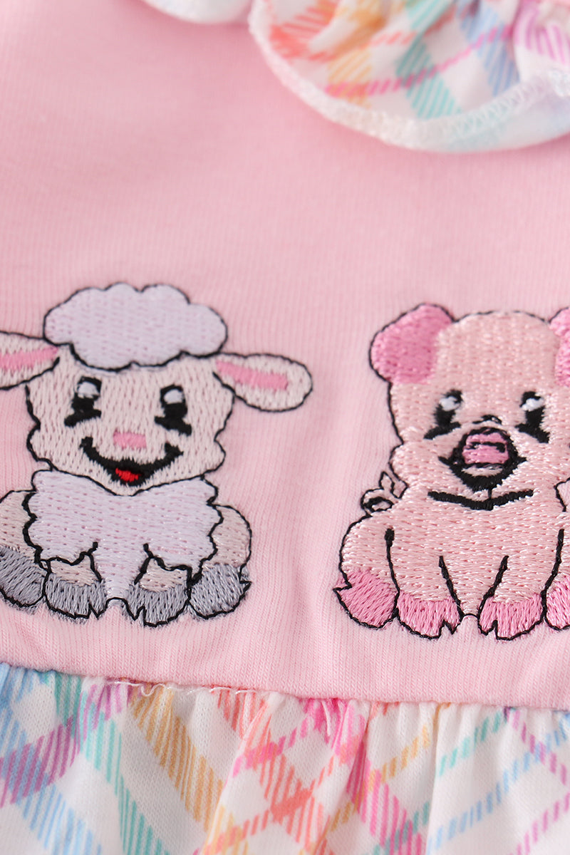 Pink Farm Animals Embroidery Girl Romper