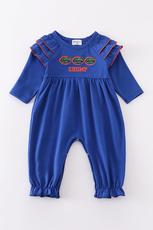 Blue Chomp Embroidery Girl Romper